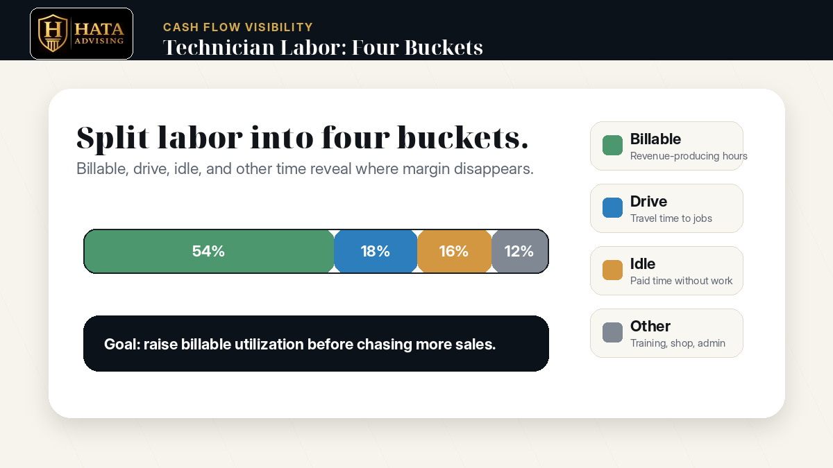 Chart splitting technician labor hours into billable, idle, drive, and other time