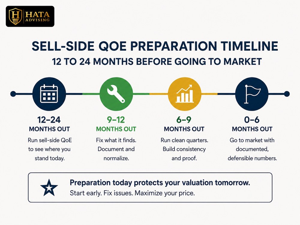 Sell-side QoE preparation timeline, 12 to 24 months before going to market.