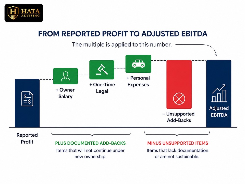 Bridge from reported profit to adjusted EBITDA with add-backs and adjustments.