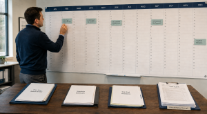 Owner of an operating business reviewing tax documents on the shop floor