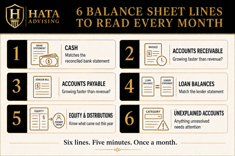 Infographic listing six balance sheet lines to review monthly: cash, accounts receivable, accounts payable, loan balances, equity and distributions, and unexplained accounts.