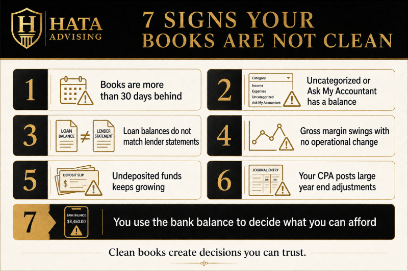 Infographic listing seven signs your books are not clean, including books over 30 days behind and unreconciled loan balances.