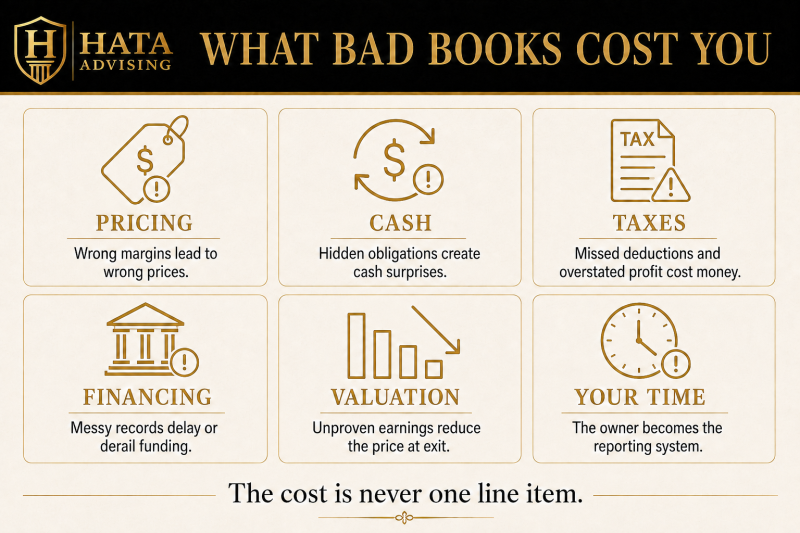 Infographic showing six costs of bad bookkeeping: pricing, cash, taxes, financing, valuation, and owner time.