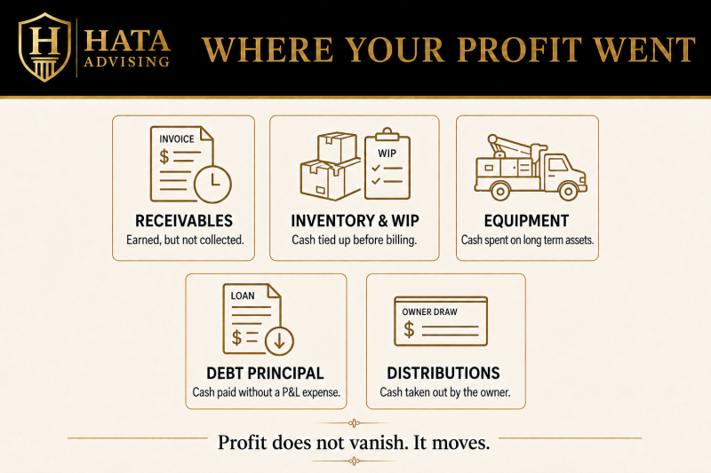 Infographic showing where profit goes on the balance sheet: receivables, inventory and work in progress, equipment, debt principal, and distributions.
