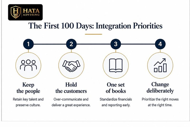 First 100 days integration priorities: keep the people, hold the customers, one set of books, change deliberately.