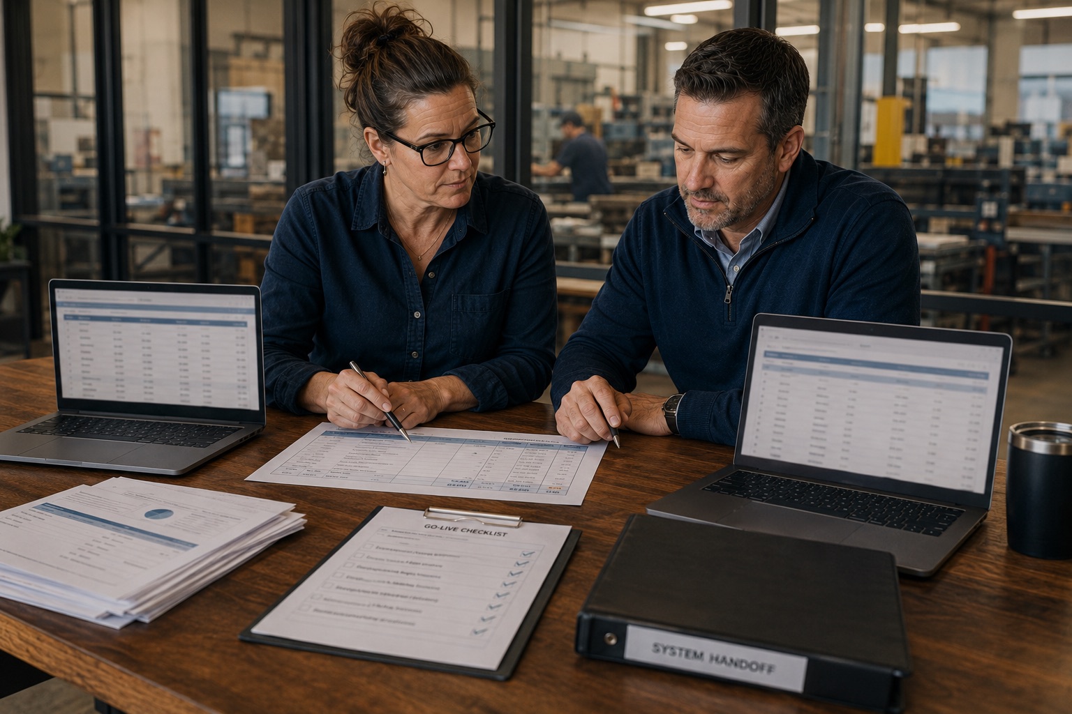 Controlled Cutover and Parallel Close Team reviewing a go-live checklist and system handoff binder during a parallel close