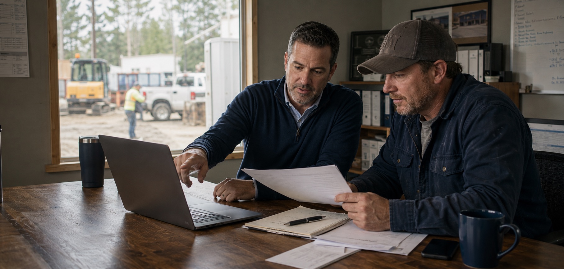 Systems and CRM Integration CPA reviewing a system migration plan with a contractor in a job site office