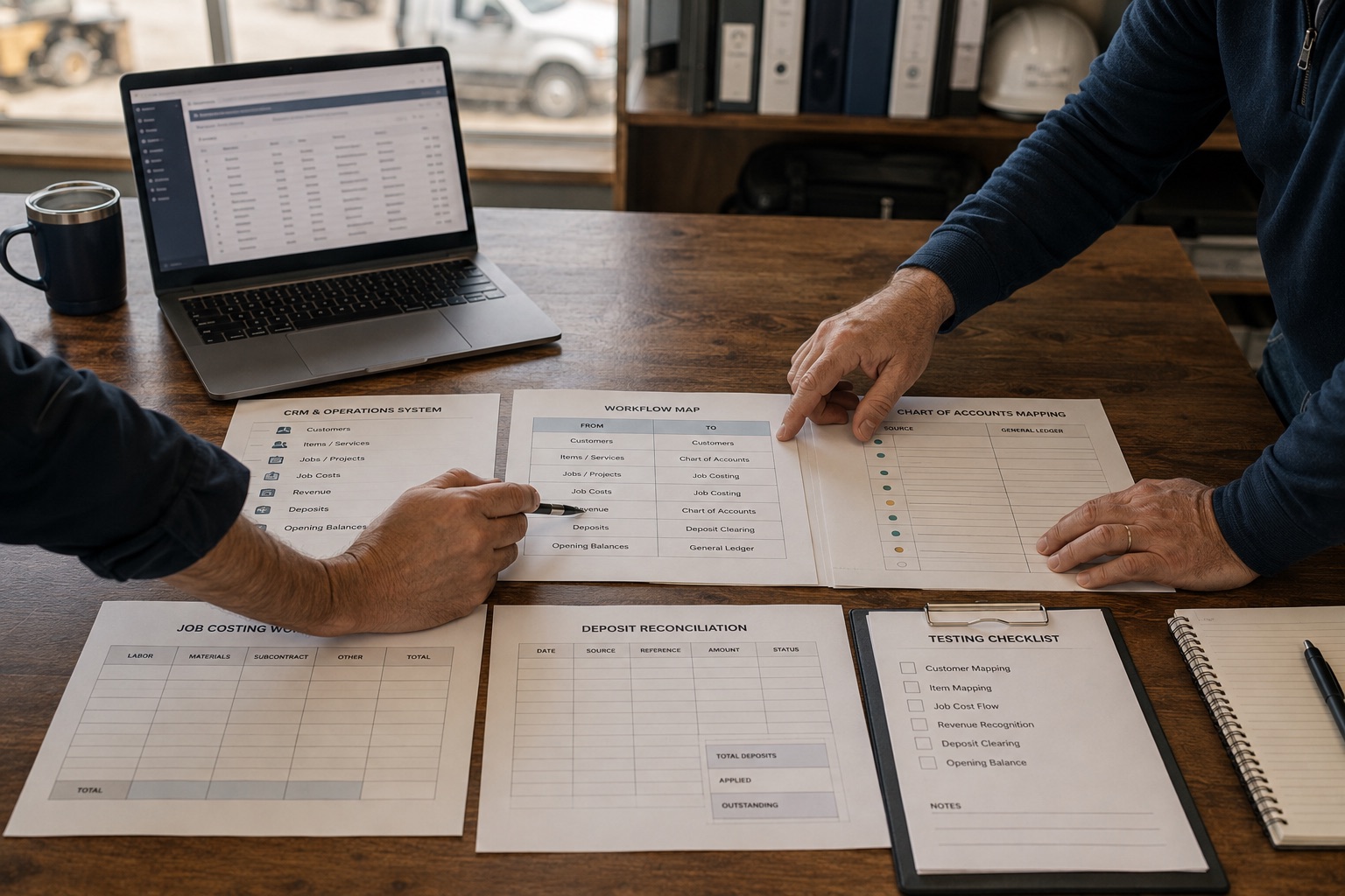 Workflow Mapping and Reconciliation Workflow map, chart of accounts mapping, job costing and deposit reconciliation worksheets on a desk