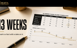 13-week cash flow forecast hero graphic showing a weekly cash forecast with collections, disbursements, and ending cash by week.