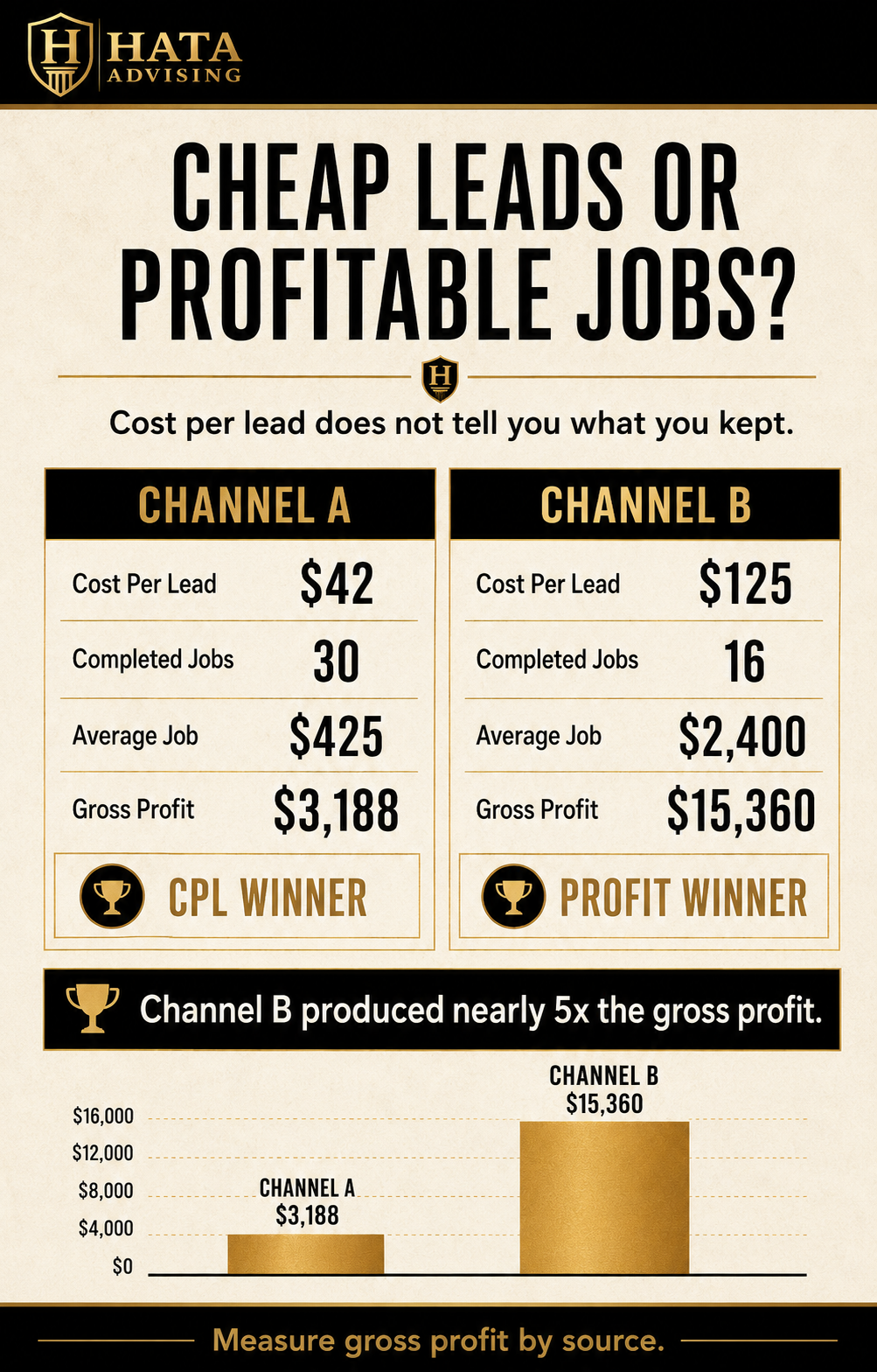Hata-Advising-Channel-Profit-Comparison Channel comparison infographic: Channel A wins on cost per lead at $42 but produces $3,188 in gross profit, while Channel B at $125 per lead produces $15,360, nearly 5x the gross profit.