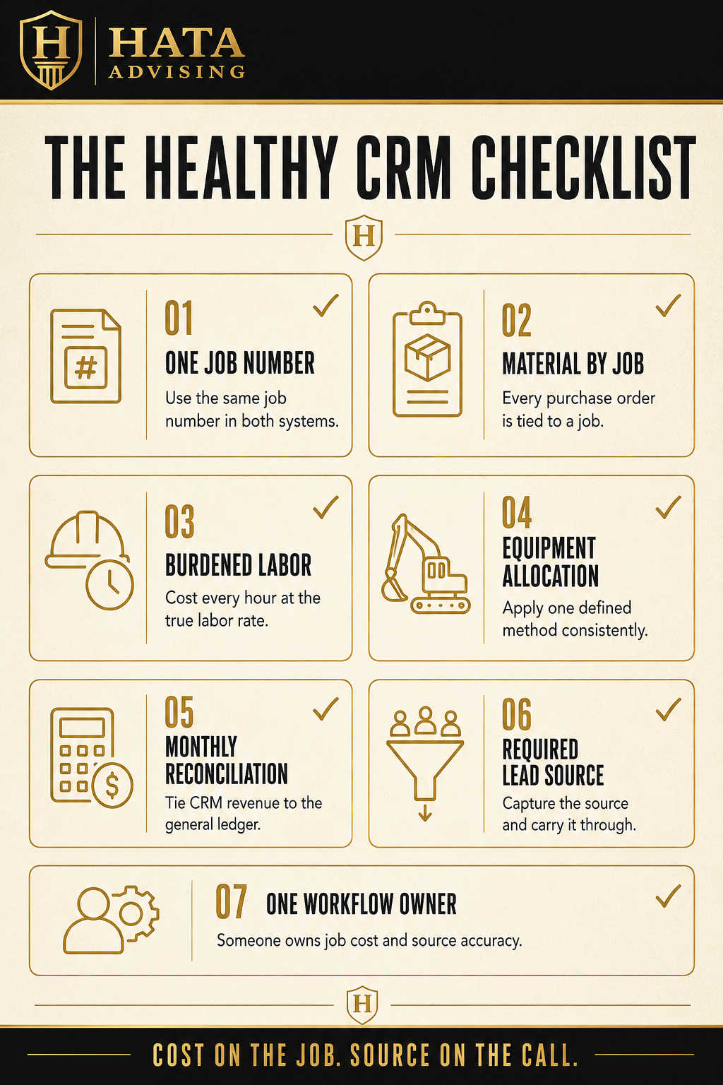 Hata-Advising-Healthy-CRM-Checklist Infographic listing seven requirements of a healthy CRM job costing workflow.