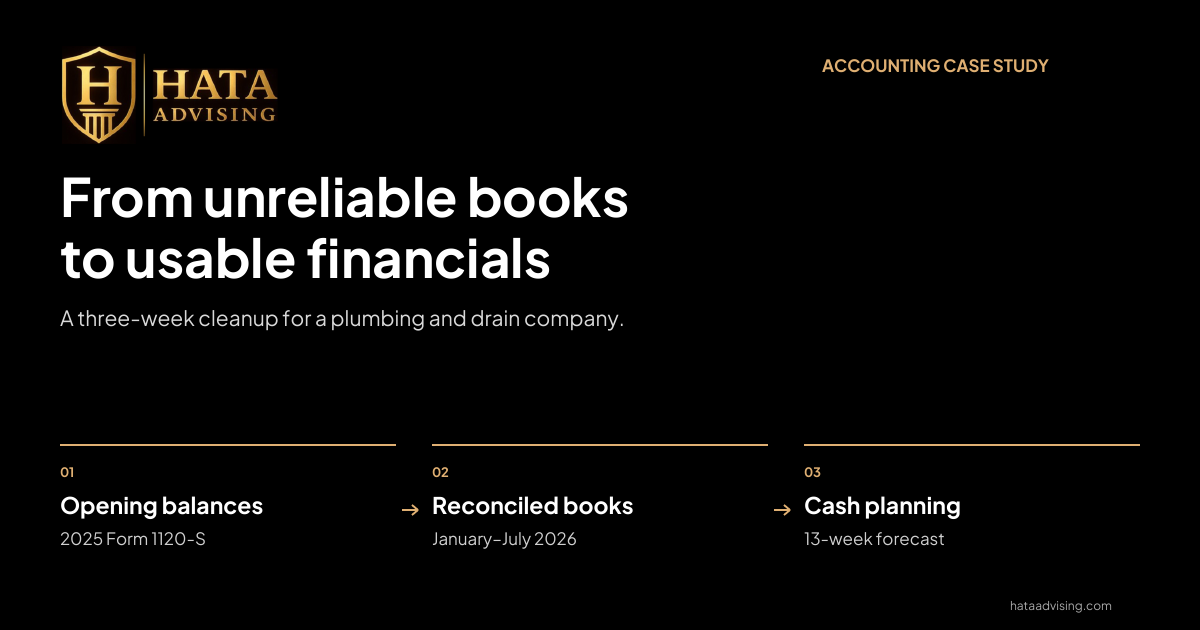 Hata Advising accounting cleanup case study: opening balances from the 2025 Form 1120-S, reconciled January–July 2026 books, and a 13-week cash forecast.